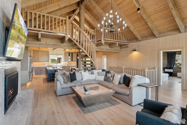 6380 N Silver Sage Dr, Park City, UT 84098 - living area with stairway, wood walls, plenty of natural light, high vaulted ceiling, and light wood-style floors