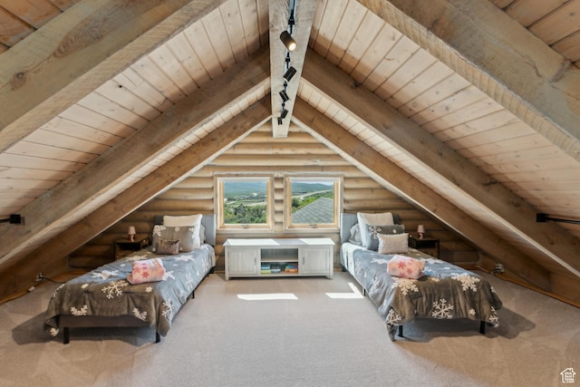 6380 N Silver Sage Dr, Park City, UT 84098 - carpeted bedroom featuring wood ceiling and rustic walls