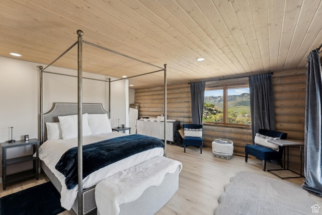 6380 N Silver Sage Dr, Park City, UT 84098 - bedroom featuring log walls, wooden ceiling, recessed lighting, and wood finished floors