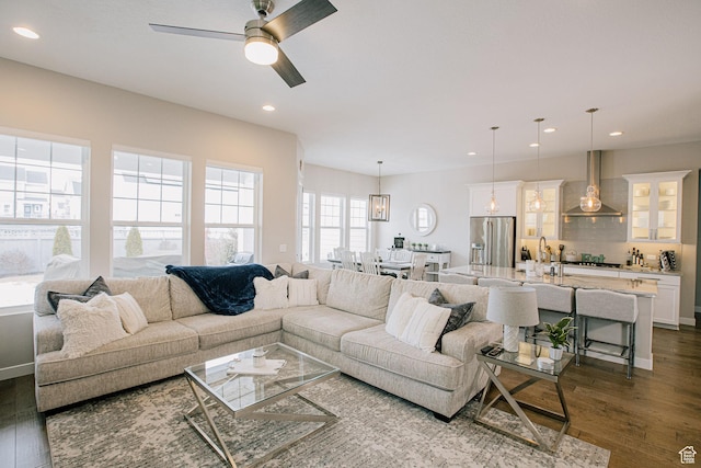 5028 W Lake Terrace Ave, South Jordan, UT 84009 - living area with dark wood-style floors, recessed lighting, and ceiling fan