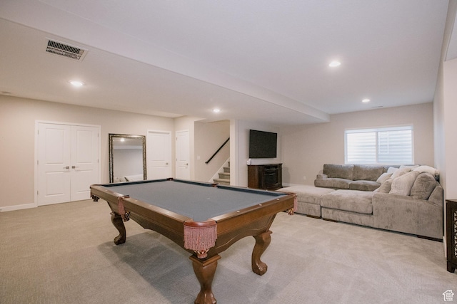 5028 W Lake Terrace Ave, South Jordan, UT 84009 - recreation room featuring light colored carpet, billiards table, recessed lighting, and baseboards