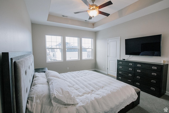 5028 W Lake Terrace Ave, South Jordan, UT 84009 - bedroom featuring baseboards, carpet floors, a raised ceiling, and ceiling fan