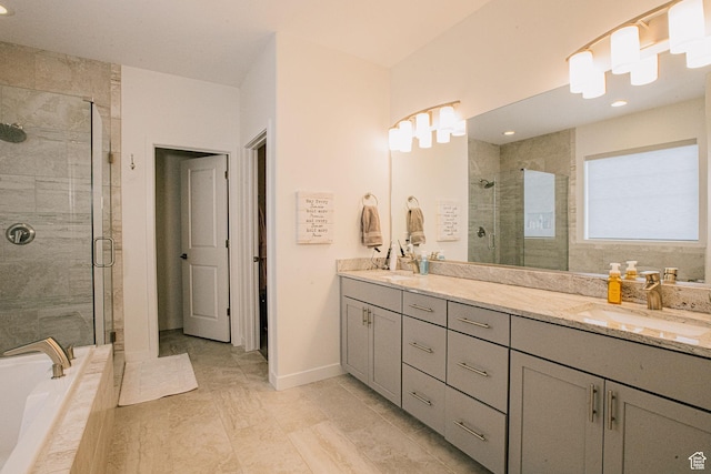 5028 W Lake Terrace Ave, South Jordan, UT 84009 - bathroom with double vanity, a shower stall, baseboards, recessed lighting, and tiled tub