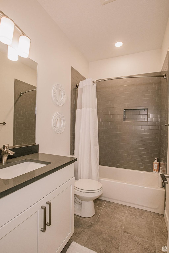 5028 W Lake Terrace Ave, South Jordan, UT 84009 - full bath with vanity, shower / bath combination with curtain, toilet, and tile patterned floors