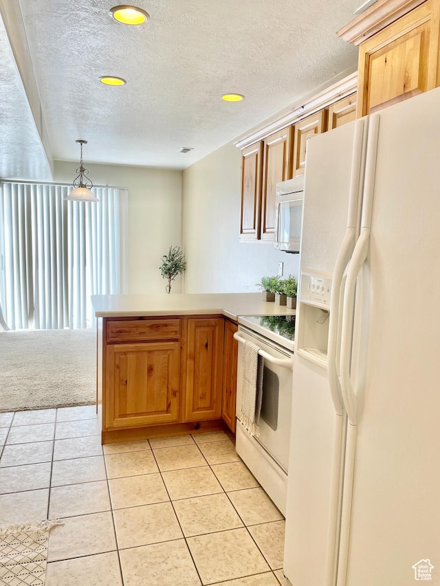 652 W 800 N Unit 112, Clinton, UT 84015 - kitchen with white appliances, a peninsula, a textured ceiling, light tile patterned floors, and light countertops