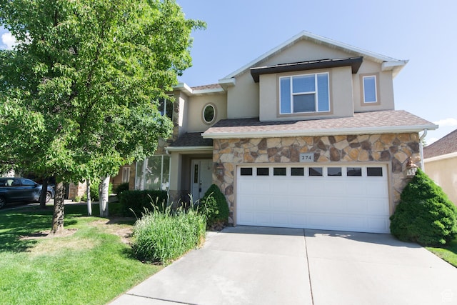 274 E Park Knoll Cir, Sandy, UT 84070 - view of front of house with stone siding, an attached garage, concrete driveway, stucco siding, and a front lawn