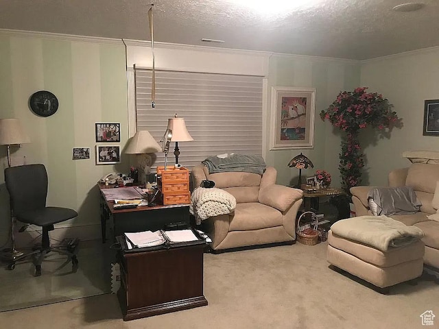 4093 Imperial Way, Provo, UT 84604 - carpeted living room with ornamental molding, an office area, and a textured ceiling
