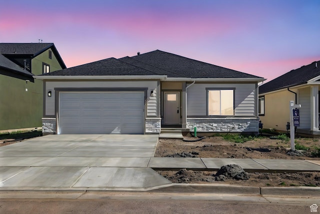 222 W 825 S, Willard, UT 84340 - ranch-style home with driveway, an attached garage, stone siding, and roof with shingles