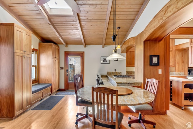 15 S 1200 E, Salt Lake City, UT 84102 - dining area featuring wooden ceiling, light wood finished floors, and a skylight