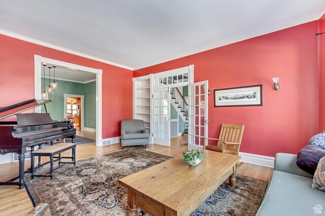 15 S 1200 E, Salt Lake City, UT 84102 - living room featuring stairway, crown molding, baseboards, and wood finished floors