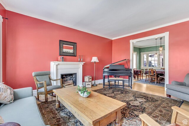 15 S 1200 E, Salt Lake City, UT 84102 - living room with wood finished floors, ornamental molding, and a fireplace