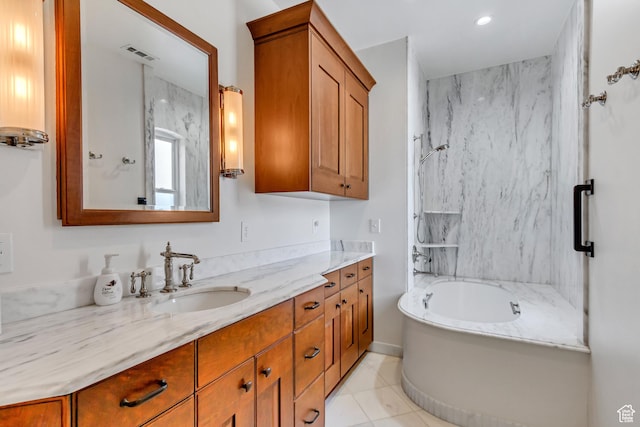 15 S 1200 E, Salt Lake City, UT 84102 - full bath with vanity, tile patterned flooring, recessed lighting, and a combined bath / shower with marble appearance