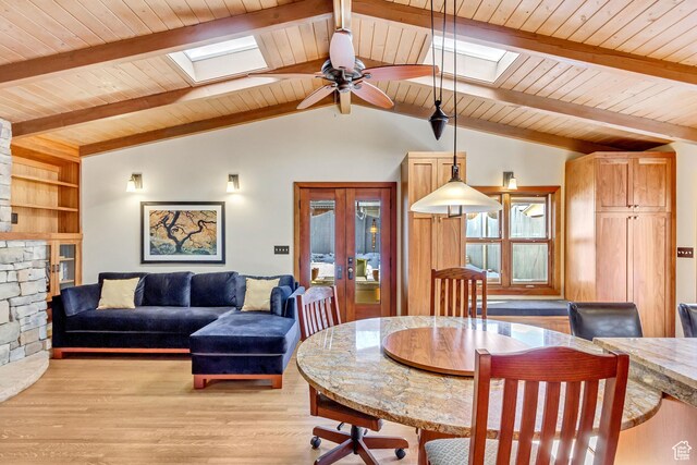 15 S 1200 E, Salt Lake City, UT 84102 - dining area featuring a skylight, wood ceiling, french doors, ceiling fan, and light wood-style floors
