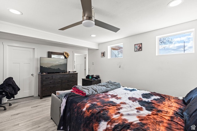 1725 N State St, Sigurd, UT 84657 - bedroom with light wood-style flooring, multiple windows, recessed lighting, and ceiling fan