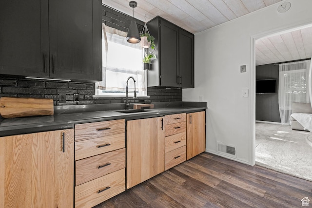 3510 Porter Ave, Ogden, UT 84403 - kitchen featuring a sink, dark countertops, decorative backsplash, wood ceiling, and dark wood-type flooring