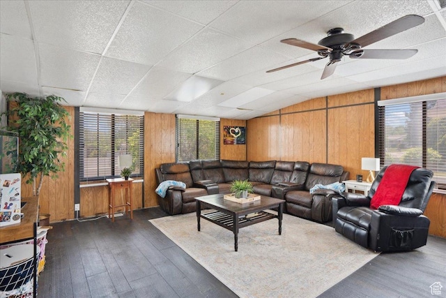 2137 W 6200 S, Salt Lake City, UT 84129 - living area featuring hardwood / wood-style floors, wood walls, and ceiling fan