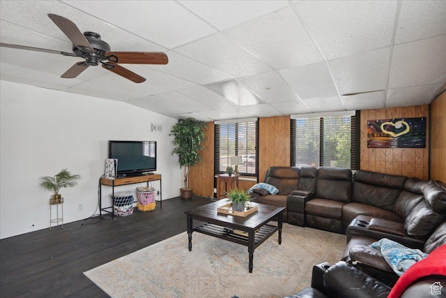 2137 W 6200 S, Salt Lake City, UT 84129 - living room with wood finished floors, wood walls, lofted ceiling, and ceiling fan