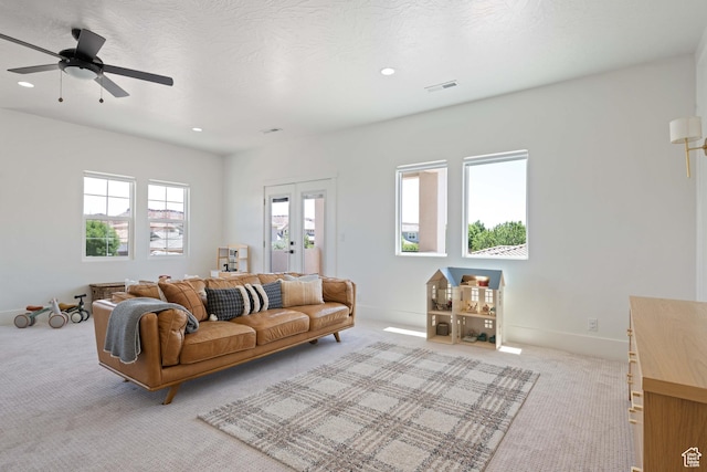 3322 S 2240 E, St George, UT 84790 - living area featuring light carpet, recessed lighting, baseboards, a ceiling fan, and french doors