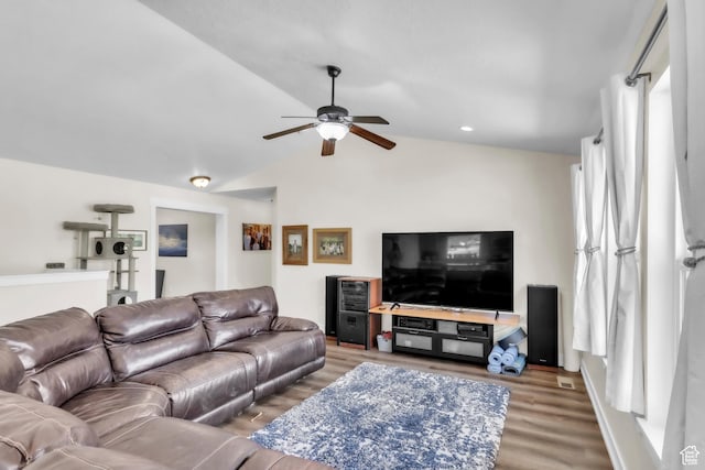 276 N Elk Ridge Dr, Elk Ridge, UT 84651 - living room featuring wood finished floors, a ceiling fan, and vaulted ceiling