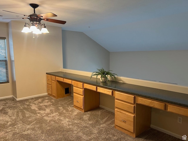 15146 S Walnut Grove Dr, Draper, UT 84020 - unfurnished office with ceiling fan, dark colored carpet, lofted ceiling, built in study area, and baseboards
