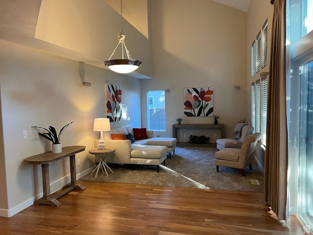 15146 S Walnut Grove Dr, Draper, UT 84020 - living room featuring high vaulted ceiling, wood finished floors, healthy amount of natural light, baseboards, and a fireplace