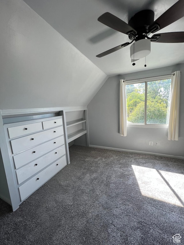 2717 S Orchard Dr, Bountiful, UT 84010 - additional living space with carpet flooring, ceiling fan, lofted ceiling, and built in shelves