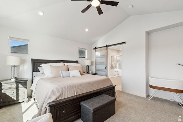 1006 W Firelock Way S, Bluffdale, UT 84065 - bedroom featuring lofted ceiling, a barn door, light carpet, ensuite bath, and multiple windows
