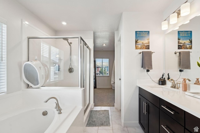 1006 W Firelock Way S, Bluffdale, UT 84065 - bathroom with vanity, a shower stall, a bath, tile patterned flooring, and recessed lighting