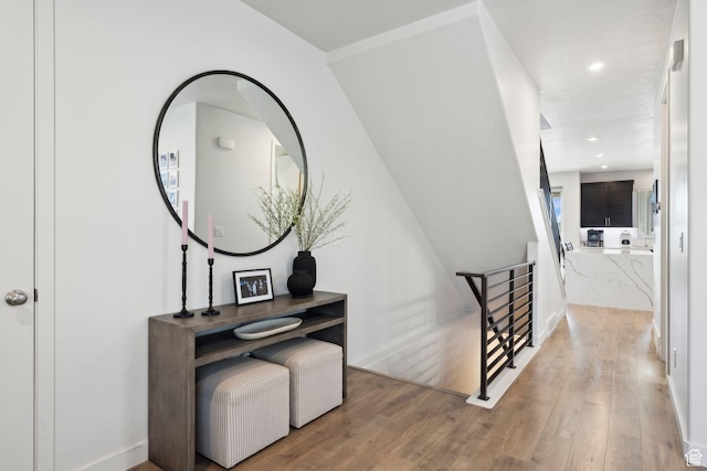 1006 W Firelock Way S, Bluffdale, UT 84065 - hall with an upstairs landing, wood finished floors, and recessed lighting