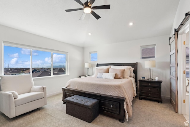1006 W Firelock Way S, Bluffdale, UT 84065 - bedroom with a barn door, light carpet, recessed lighting, baseboards, and lofted ceiling