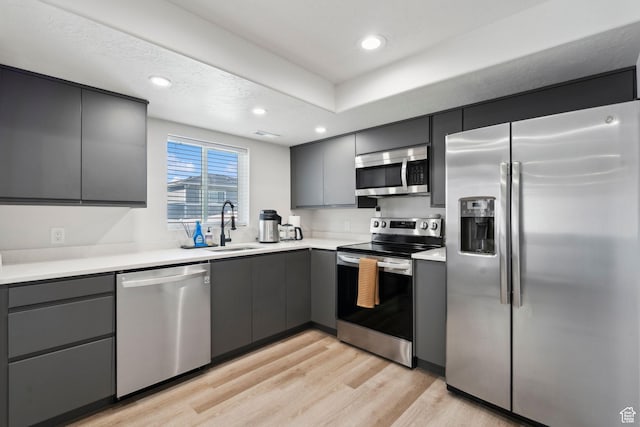1006 W Firelock Way S, Bluffdale, UT 84065 - kitchen with stainless steel appliances, a sink, gray cabinets, light wood-style flooring, and recessed lighting