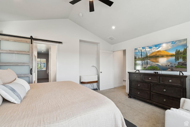 1006 W Firelock Way S, Bluffdale, UT 84065 - bedroom with vaulted ceiling, light carpet, a barn door, and ceiling fan