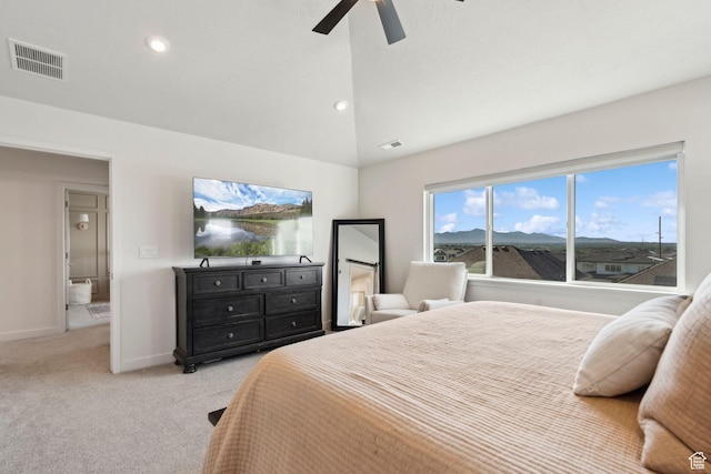 1006 W Firelock Way S, Bluffdale, UT 84065 - bedroom featuring light carpet, lofted ceiling, baseboards, ceiling fan, and recessed lighting