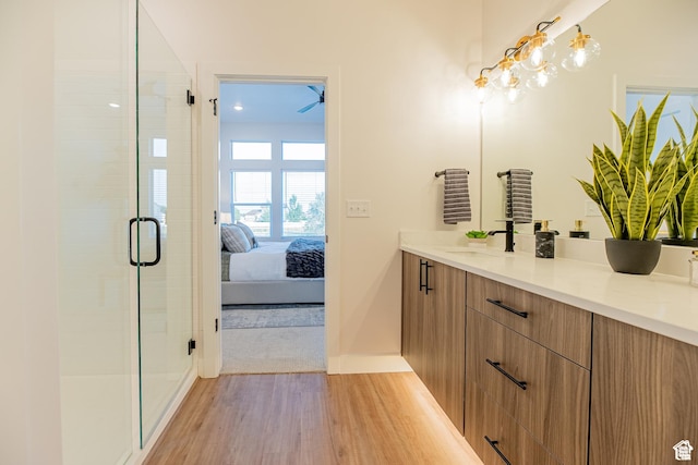 4337 W 5430 S Unit D, Roy, UT 84067 - ensuite bathroom featuring vanity, wood finished floors, a shower stall, and baseboards