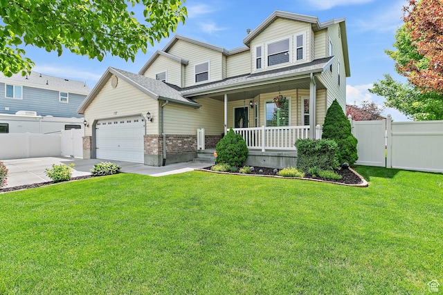 137 Stern Ct, Stansbury Park, UT 84074 - view of front of property with covered porch, a gate, brick siding, a garage, and concrete driveway