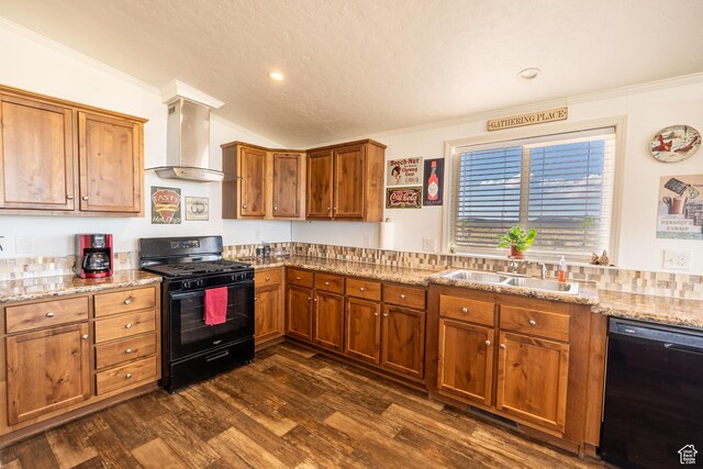 16 E Pearly Ln, La Sal, UT 84530 - kitchen featuring black appliances, wall chimney range hood, a sink, brown cabinets, and dark wood-style floors