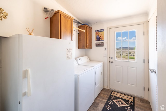 16 E Pearly Ln, La Sal, UT 84530 - laundry area with cabinet space, washing machine and dryer, dark wood-style floors, and crown molding
