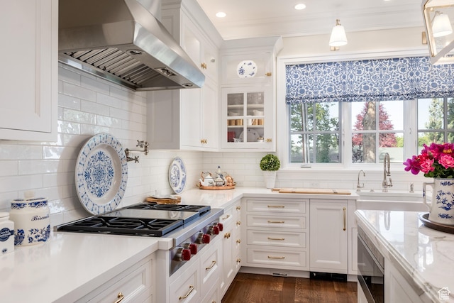 2590 E Olympus Dr, Holladay, UT 84124 - kitchen featuring island exhaust hood, stainless steel appliances, a sink, white cabinetry, and recessed lighting