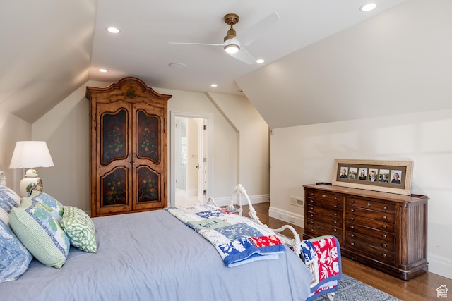 2590 E Olympus Dr, Holladay, UT 84124 - bedroom with lofted ceiling, baseboards, wood finished floors, ceiling fan, and recessed lighting
