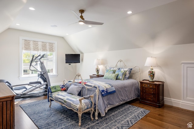 2590 E Olympus Dr, Holladay, UT 84124 - bedroom with lofted ceiling, baseboards, wood finished floors, a ceiling fan, and recessed lighting