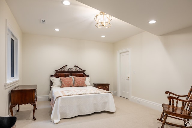 2590 E Olympus Dr, Holladay, UT 84124 - bedroom with light colored carpet, recessed lighting, baseboards, and a chandelier