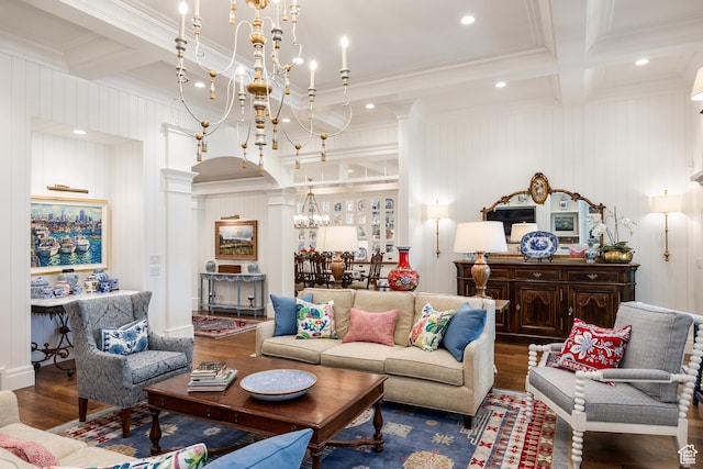2590 E Olympus Dr, Holladay, UT 84124 - living room featuring a chandelier, crown molding, wood finished floors, beamed ceiling, and decorative columns