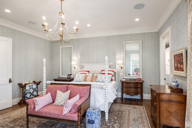 2590 E Olympus Dr, Holladay, UT 84124 - bedroom with wood finished floors, a chandelier, wallpapered walls, ornamental molding, and baseboards