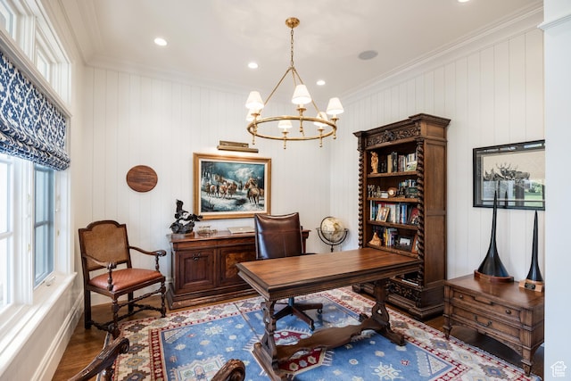2590 E Olympus Dr, Holladay, UT 84124 - office area featuring crown molding, a chandelier, wood finished floors, and plenty of natural light