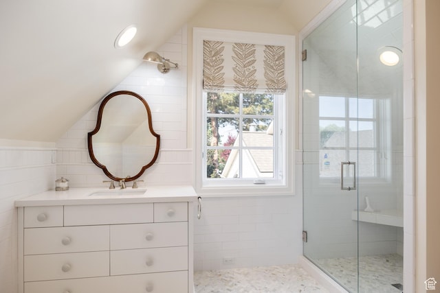 2590 E Olympus Dr, Holladay, UT 84124 - full bath with vaulted ceiling, a stall shower, vanity, and plenty of natural light