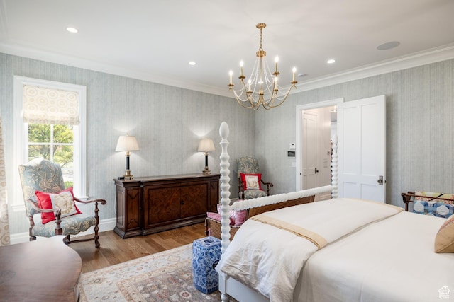 2590 E Olympus Dr, Holladay, UT 84124 - bedroom featuring a chandelier, wood finished floors, wallpapered walls, and crown molding