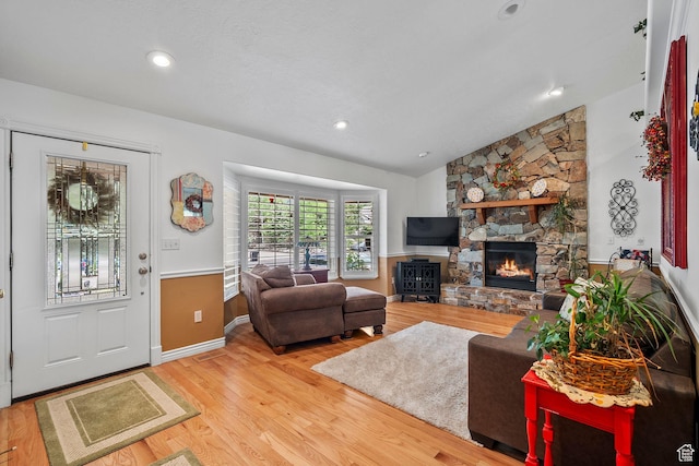896 E 380 N, Heber City, UT 84032 - living room with light wood-style flooring, a fireplace, baseboards, recessed lighting, and vaulted ceiling