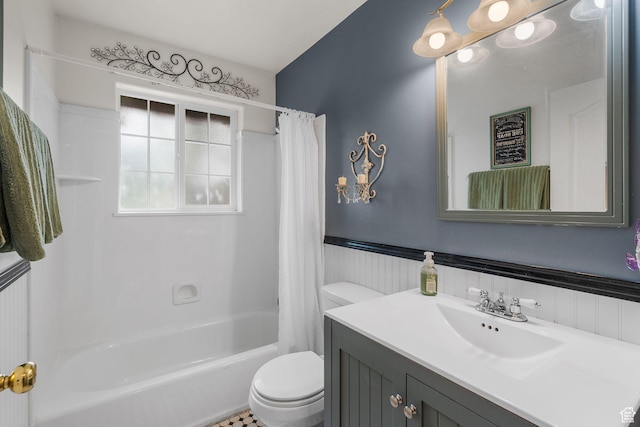 896 E 380 N, Heber City, UT 84032 - bathroom featuring toilet, vanity, a wainscoted wall, and shower / bath combination with curtain