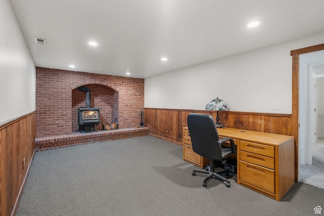 896 E 380 N, Heber City, UT 84032 - office featuring a wainscoted wall, wooden walls, a wood stove, carpet, and recessed lighting