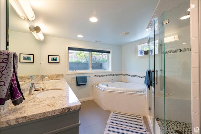3555 E Hermes Dr S, Salt Lake City, UT 84124 - bathroom featuring double vanity, a bath, and a shower stall